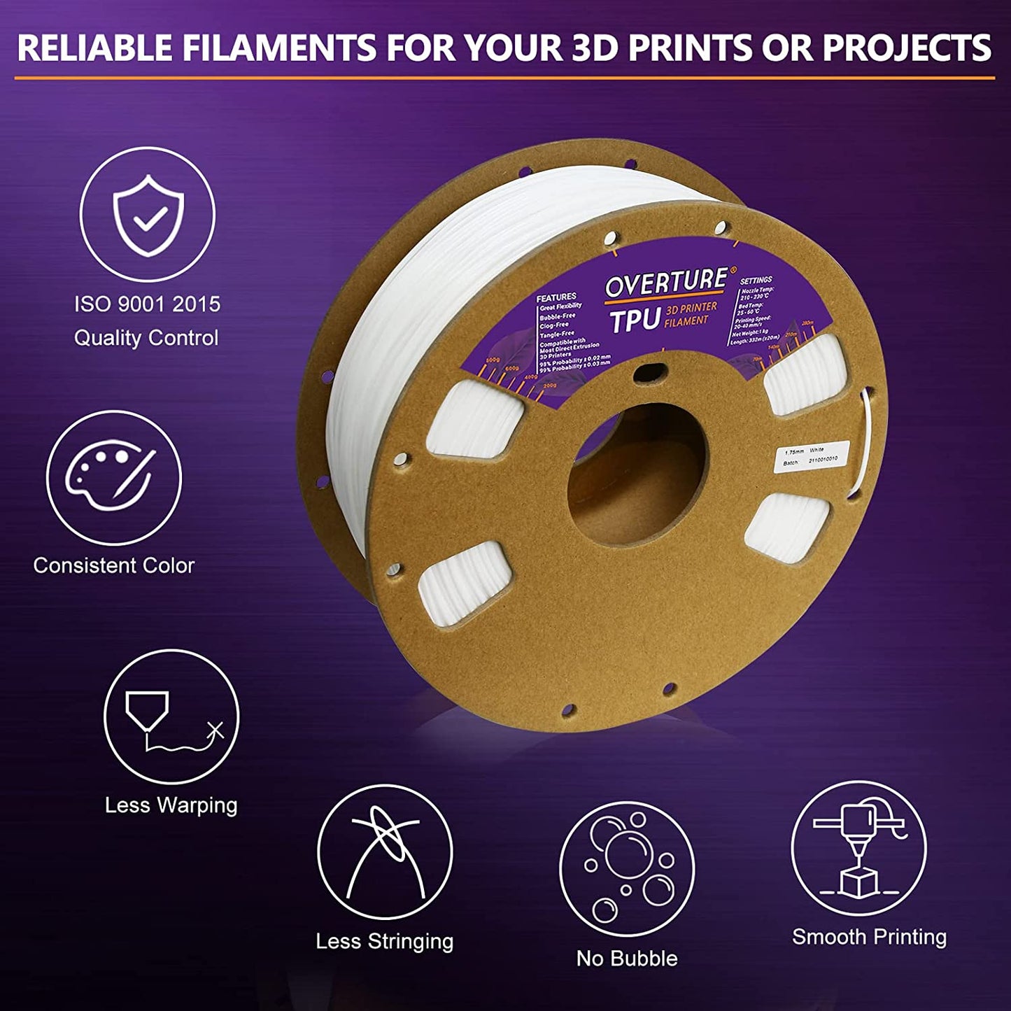 TPU Filament 1.75Mm Flexible TPU Roll, 95A Soft 3D Printer Filament, 1Kg Spool (2.2 Lbs), Dimensional Accuracy +/- 0.02 Mm (TPU White)