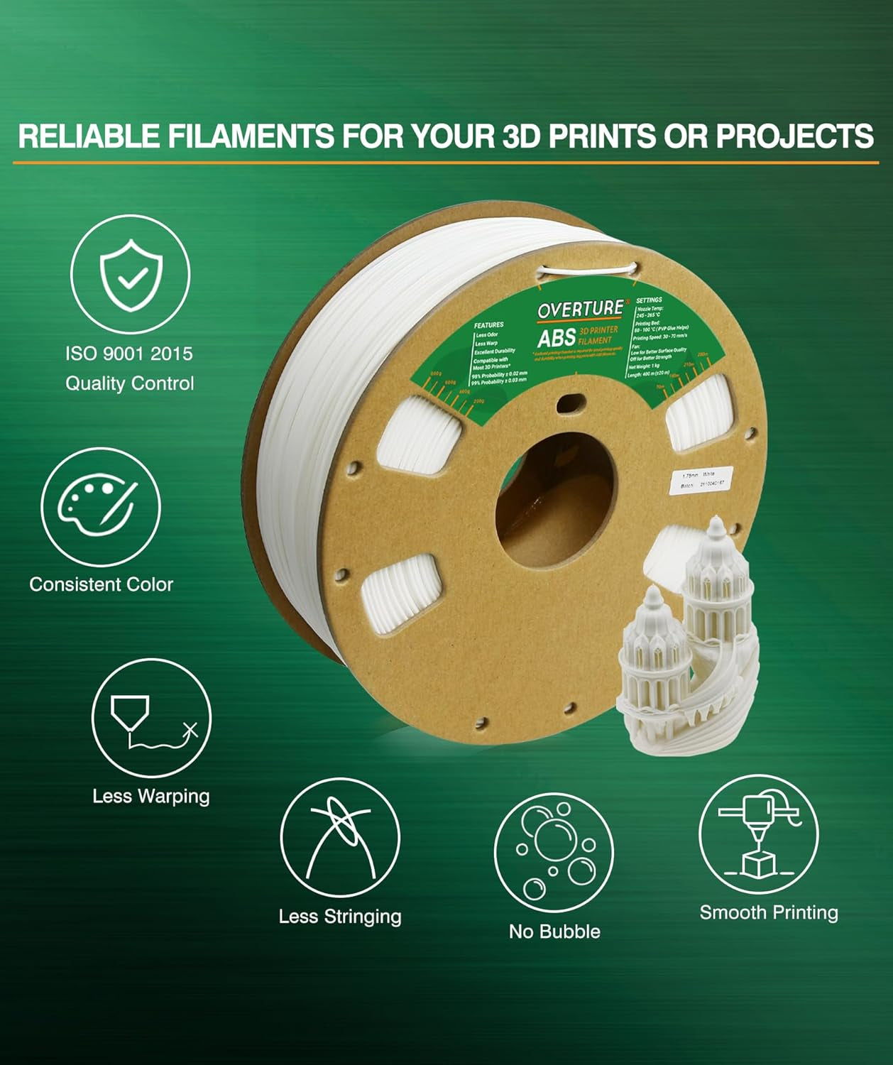 ABS Filament 1.75Mm, ABS 1Kg Spool (2.2Lbs),3D Printer Filament,Dimensional Accuracy +/- 0.02Mm, Fit Most FDM Printer(White 1-Pack)