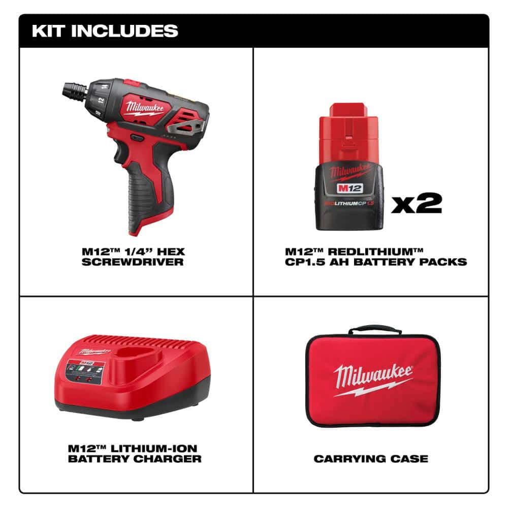 M12 12V Lithium-Ion Cordless 1/4 In. Hex Screwdriver Kit with Two 1.5Ah Batteries, Charger and Tool Bag