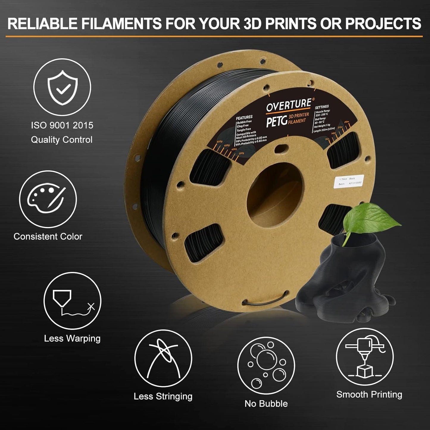 PETG Filament 1.75Mm, 3D Printer Filament, 1Kg Filament (2.2Lbs), Dimensional Accuracy Probability +/- 0.02 Mm, Fit Most FDM Printers (Black (1-Pack))