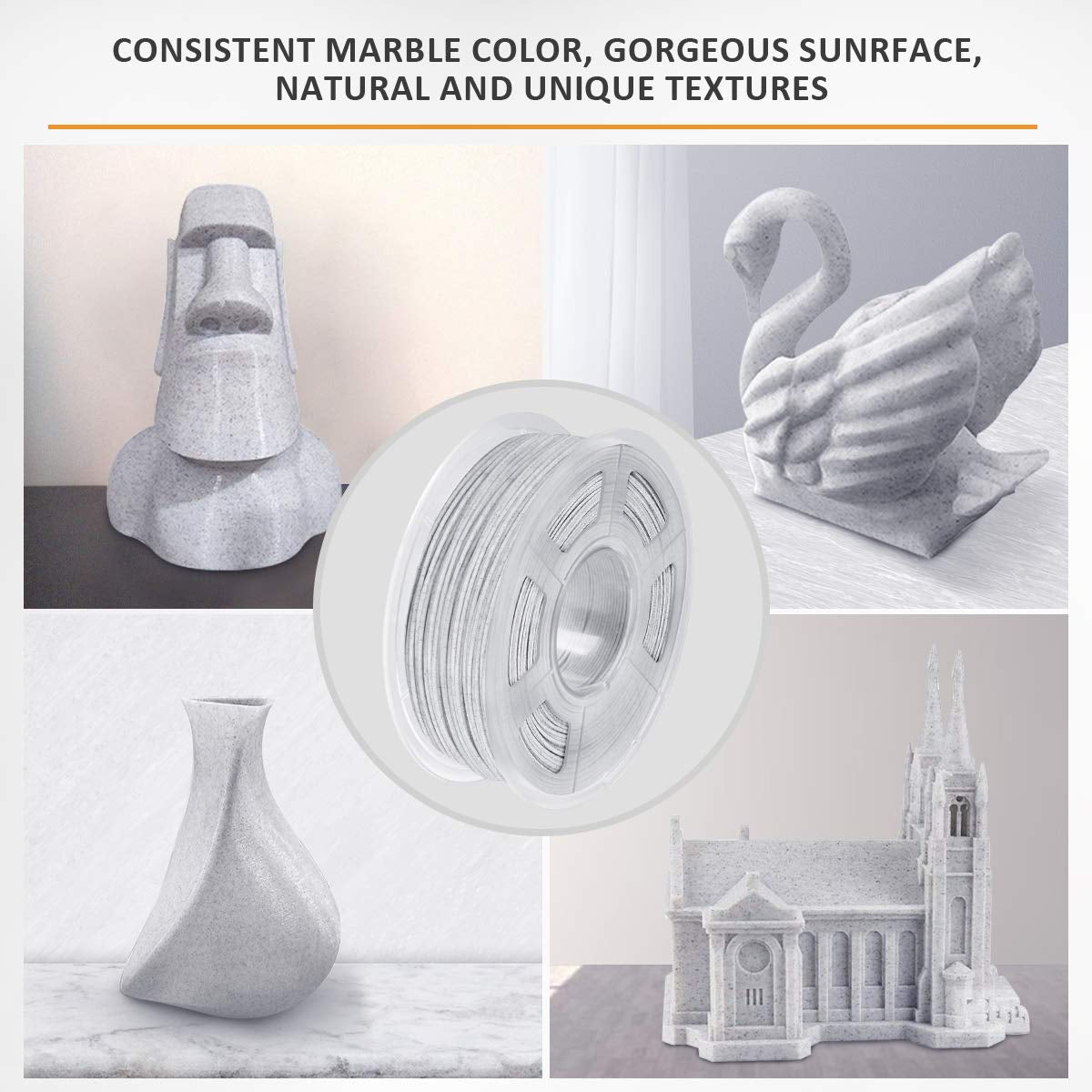 Marble PLA Filament 1.75Mm, Good Vacuum Packaging 3D Printer Filament, 3D Printing Filament 1.75Mm Dimensional Accuracy +/- 0.02Mm, 1Kg Spool(2.2Lbs), 330 Meters, White Rock Stone Marble Color