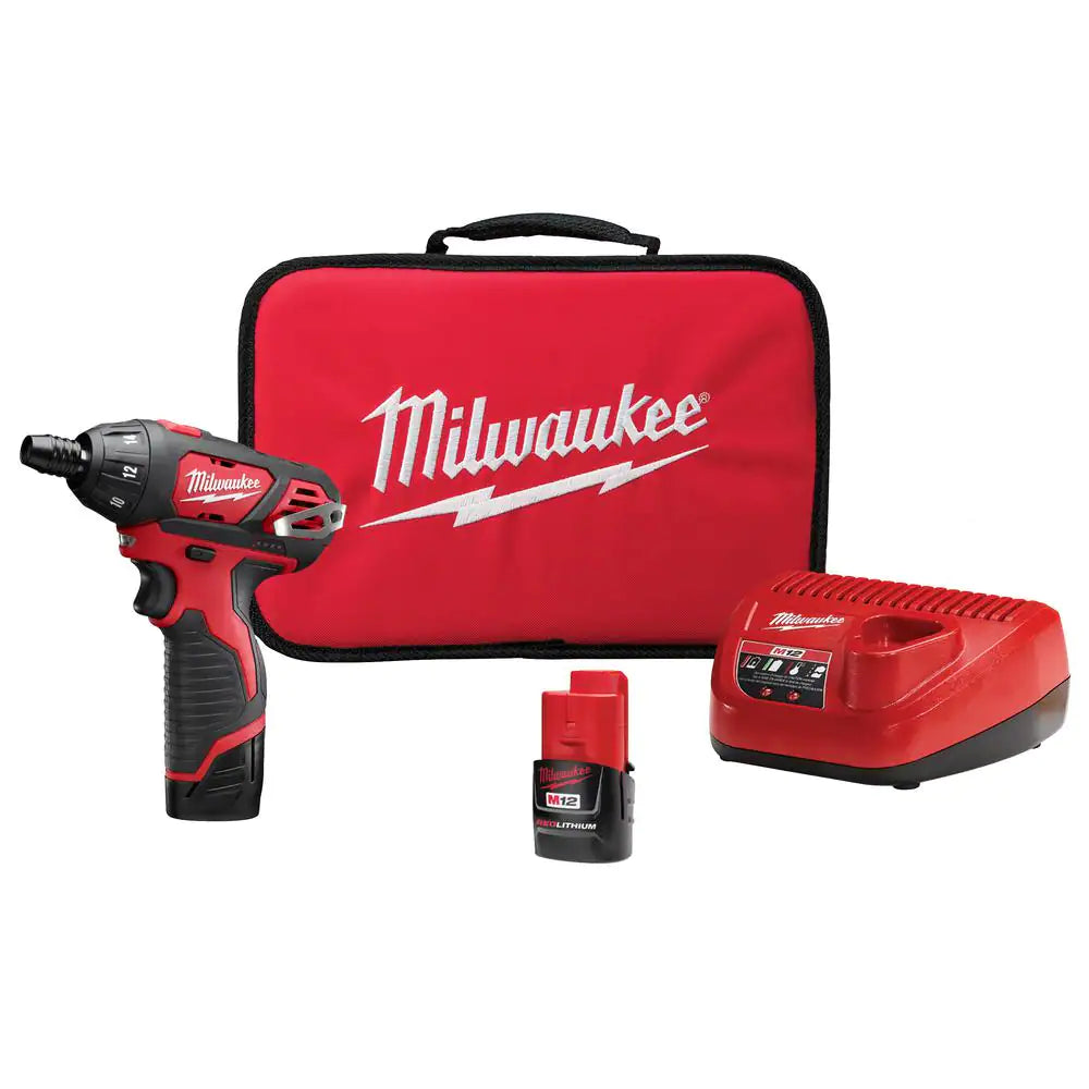 M12 12V Lithium-Ion Cordless 1/4 In. Hex Screwdriver Kit with Two 1.5Ah Batteries, Charger and Tool Bag