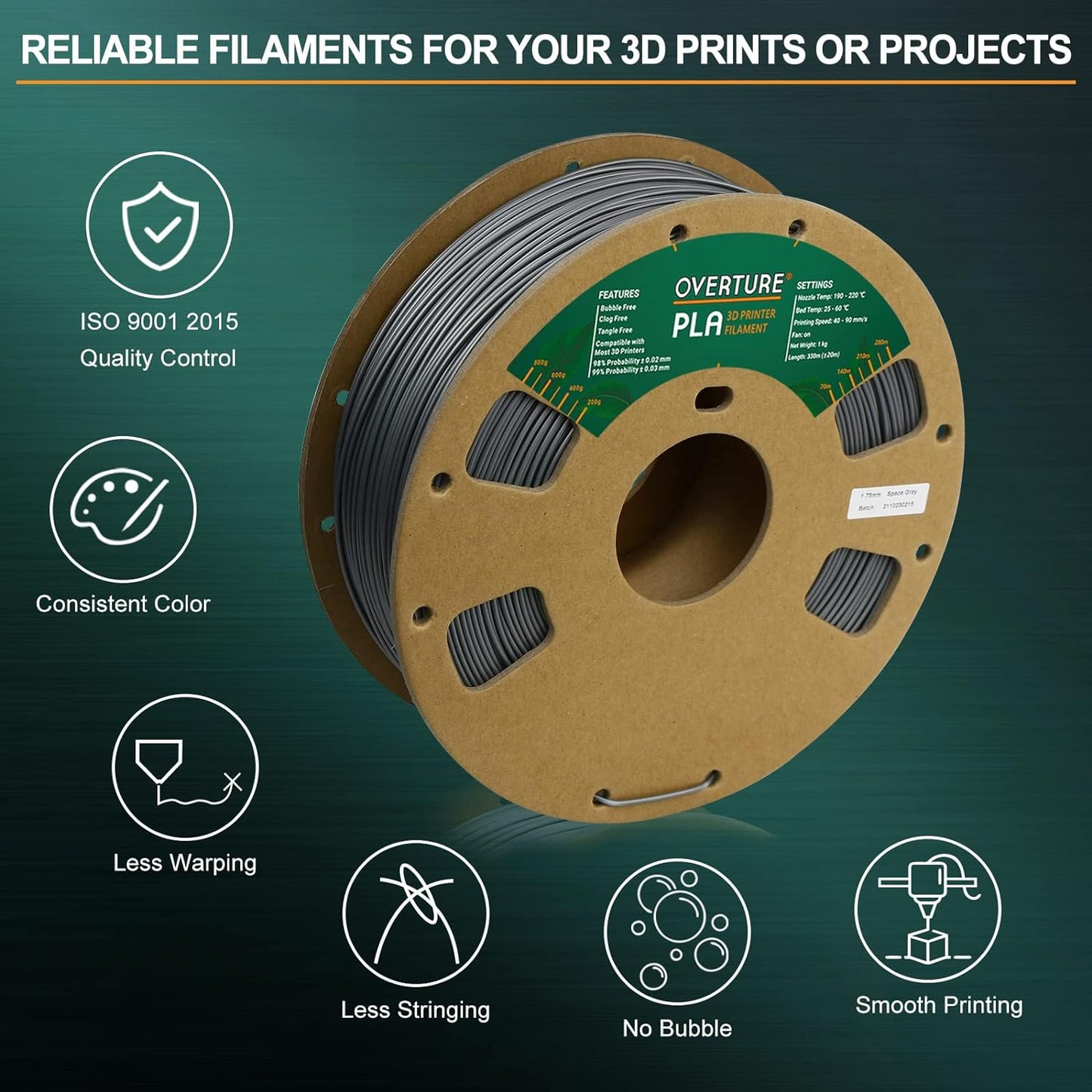 PLA Filament 1.75Mm PLA 3D Printer Filament, 1Kg Cardboard Spool (2.2Lbs), Dimensional Accuracy +/- 0.02Mm, Fit Most FDM Printer (Space Gray)