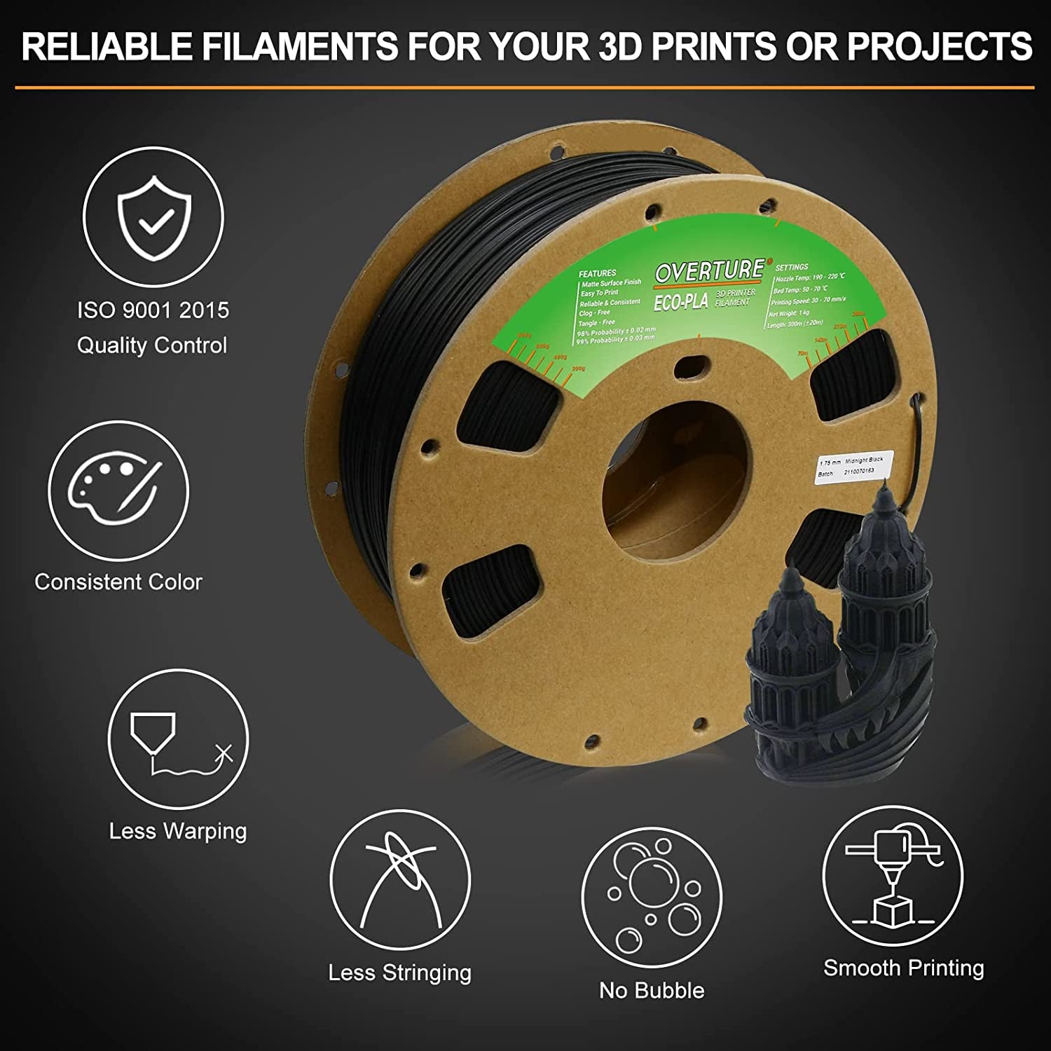 PLA Filament 1.75Mm 3D Printer Filament, 1Kg Cardboard Spool (2.2Lbs), Dimensional Accuracy +/- 0.02 Mm, Fit Most FDM Printers (Midnight Black)